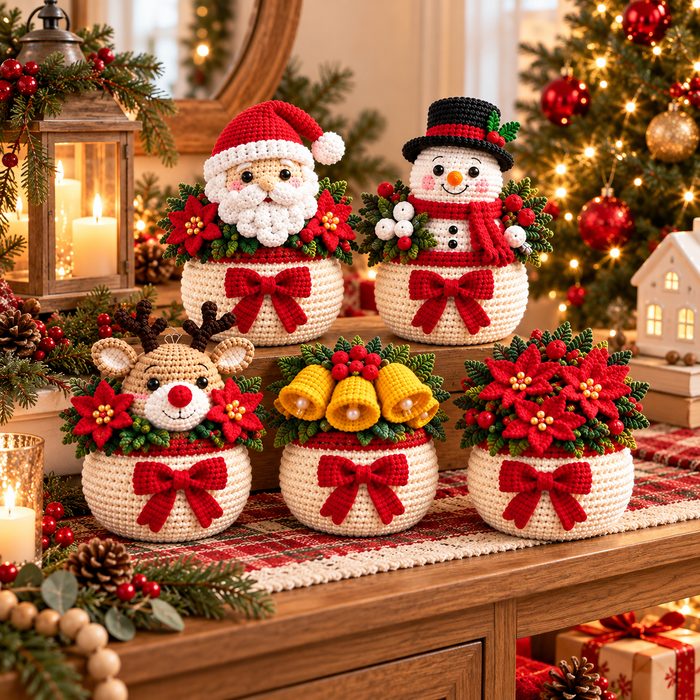 Christmas Crochet Planter Pattern Bundle PDF | 6 Amigurumi Holiday Pots