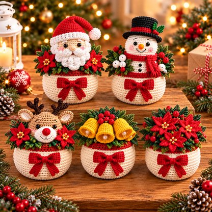Christmas Crochet Planter Pattern Bundle PDF | 6 Amigurumi Holiday Pots