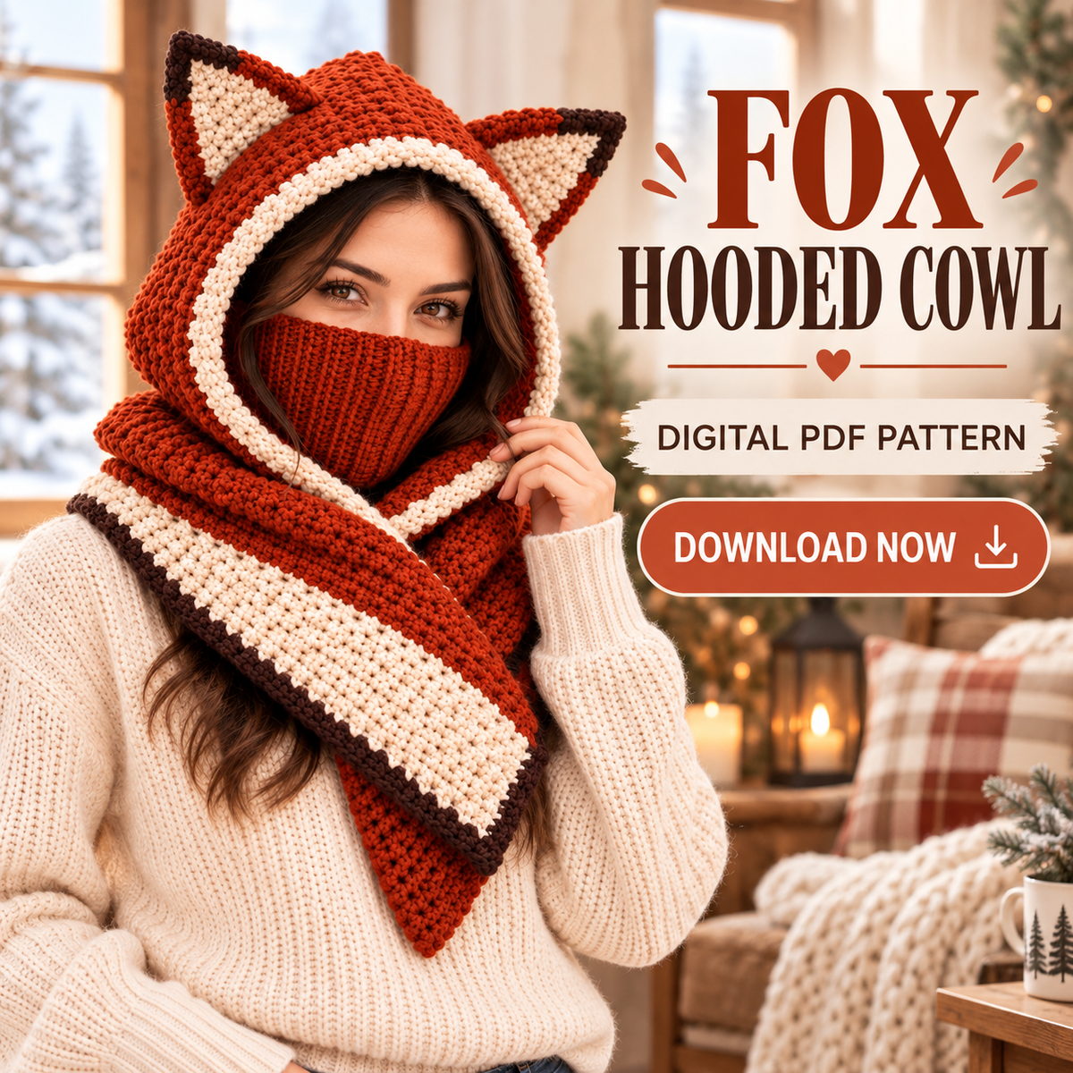 Fox Hooded Scarf Crochet Pattern | Adult Fox Ear Hood & Face Warmer