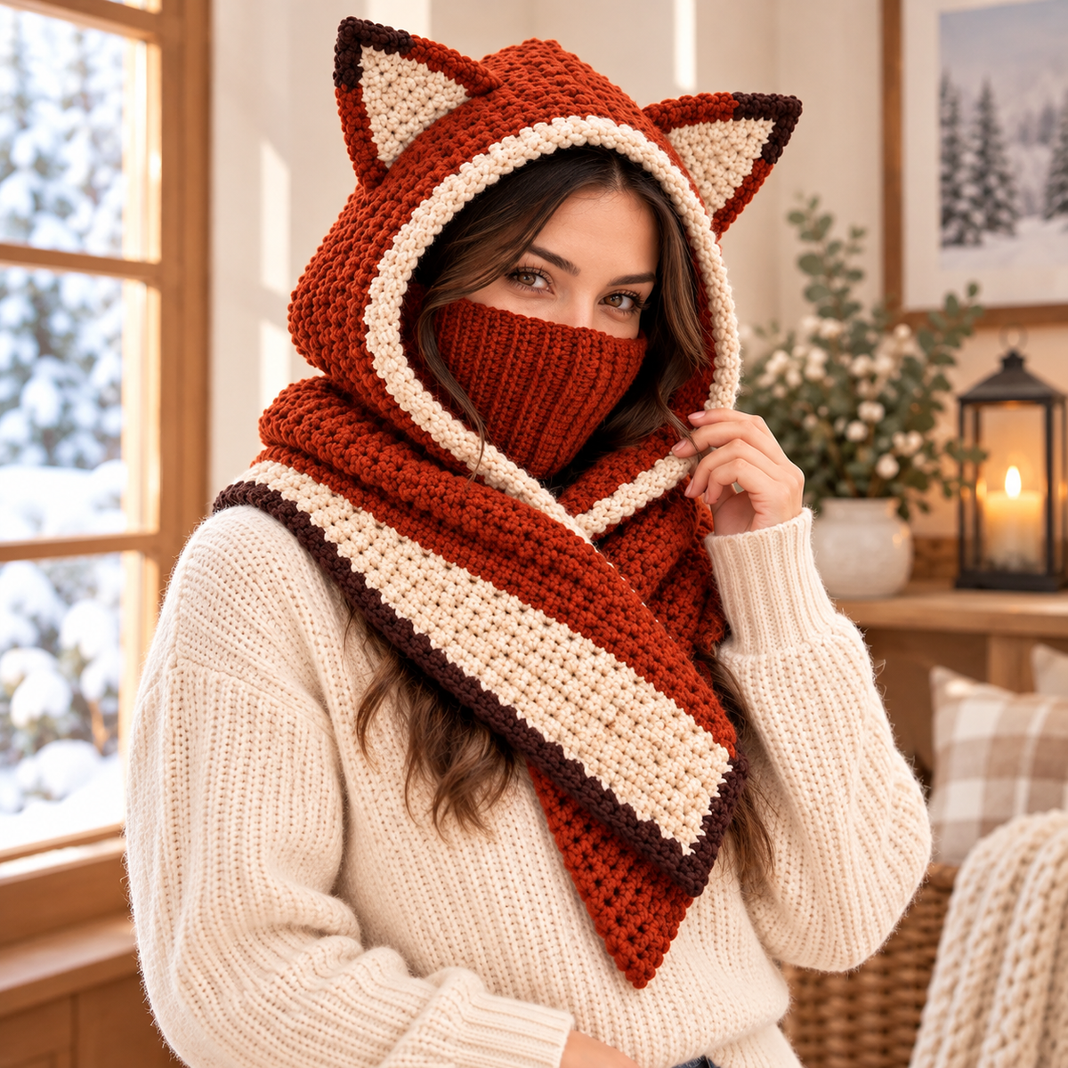 Fox Hooded Scarf Crochet Pattern | Adult Fox Ear Hood & Face Warmer