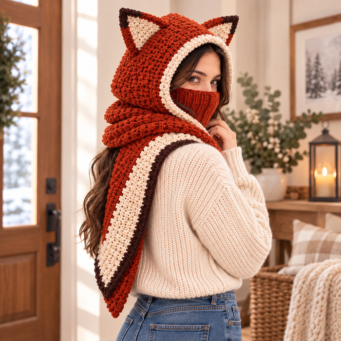 Fox Hooded Scarf Crochet Pattern | Adult Fox Ear Hood & Face Warmer
