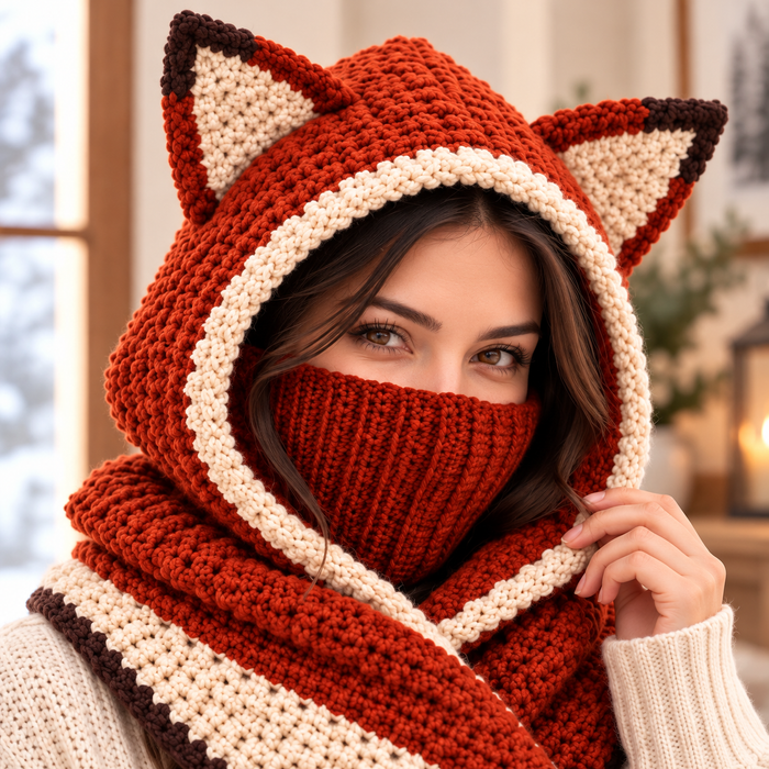 Fox Hooded Scarf Crochet Pattern | Adult Fox Ear Hood & Face Warmer