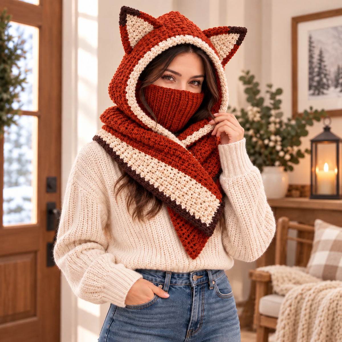 Fox Hooded Scarf Crochet Pattern | Adult Fox Ear Hood & Face Warmer