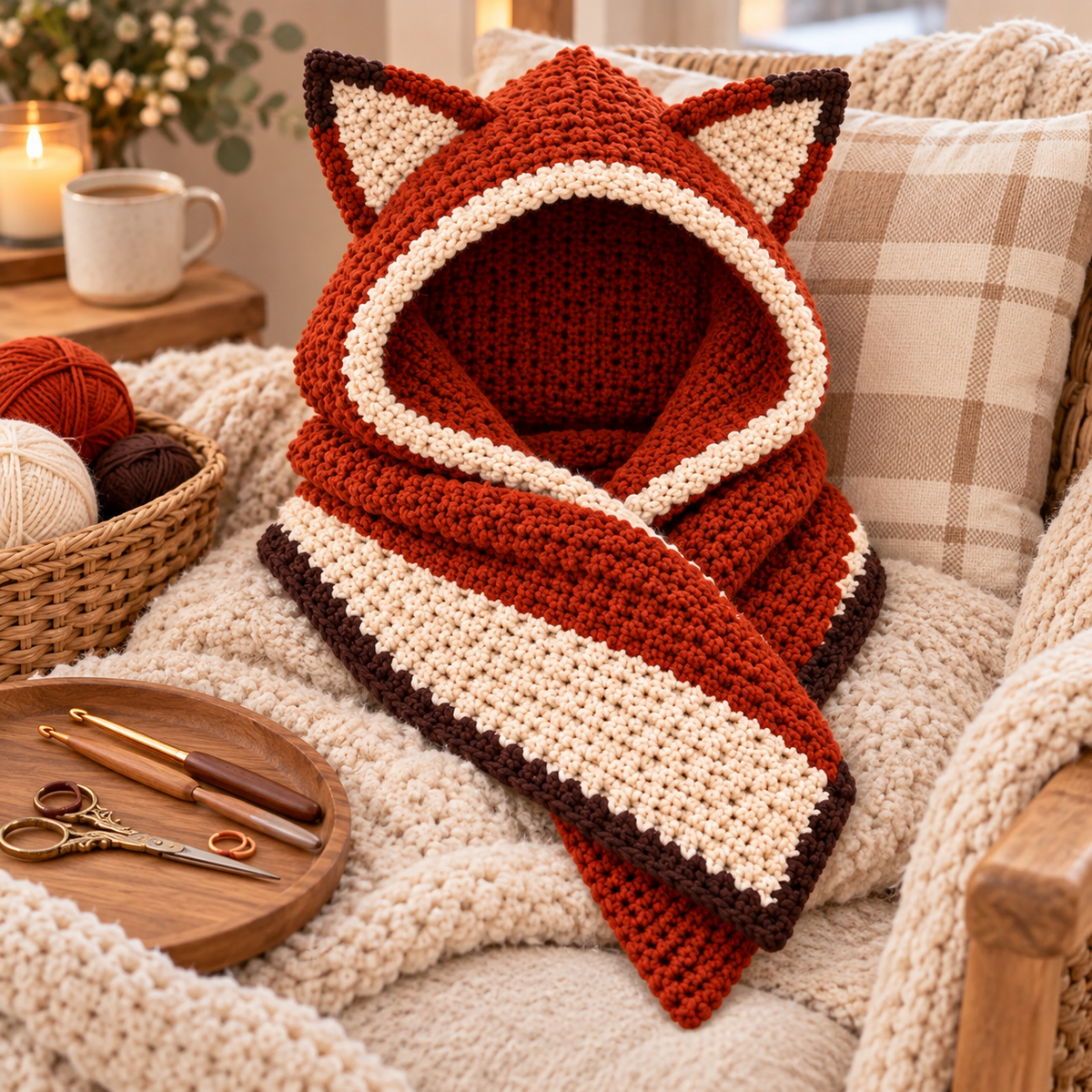 Fox Hooded Scarf Crochet Pattern | Adult Fox Ear Hood & Face Warmer