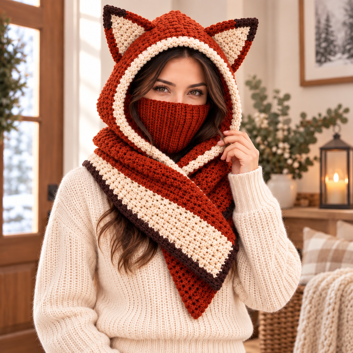 Fox Hooded Scarf Crochet Pattern | Adult Fox Ear Hood & Face Warmer