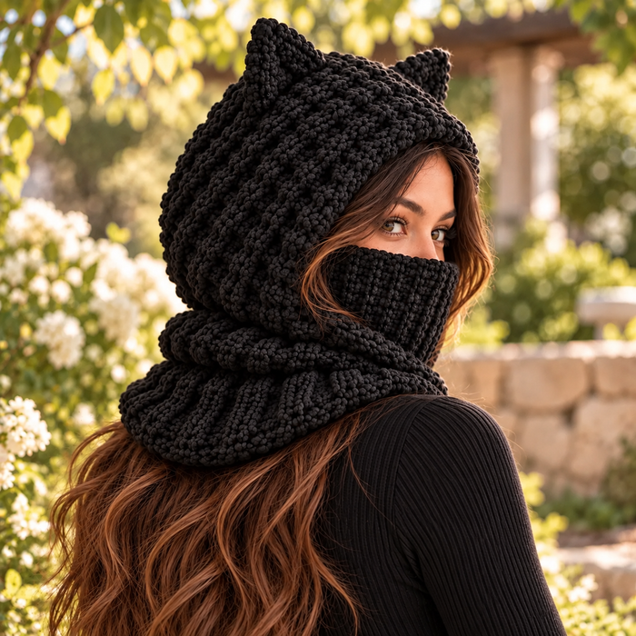Black Cat Ear Balaclava Crochet Pattern PDF | Chunky Hooded Cowl