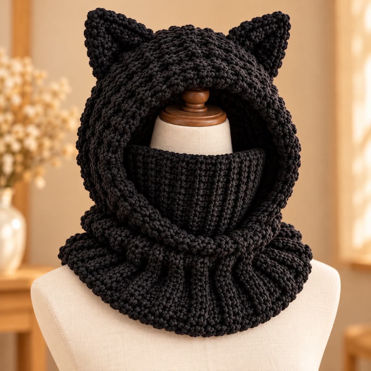Black Cat Ear Balaclava Crochet Pattern PDF | Chunky Hooded Cowl