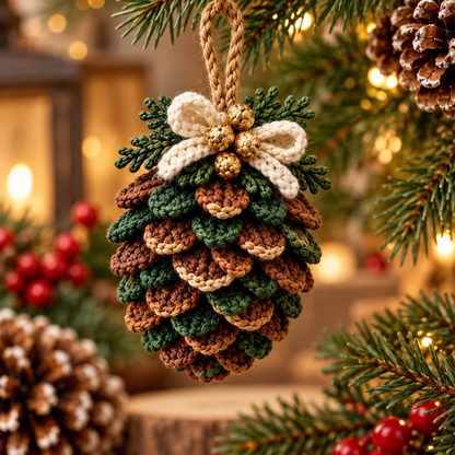 4-in-1 Rustic Christmas Ornament Crochet Pattern PDF | Pinecone, Spruce, Mistletoe & Holly