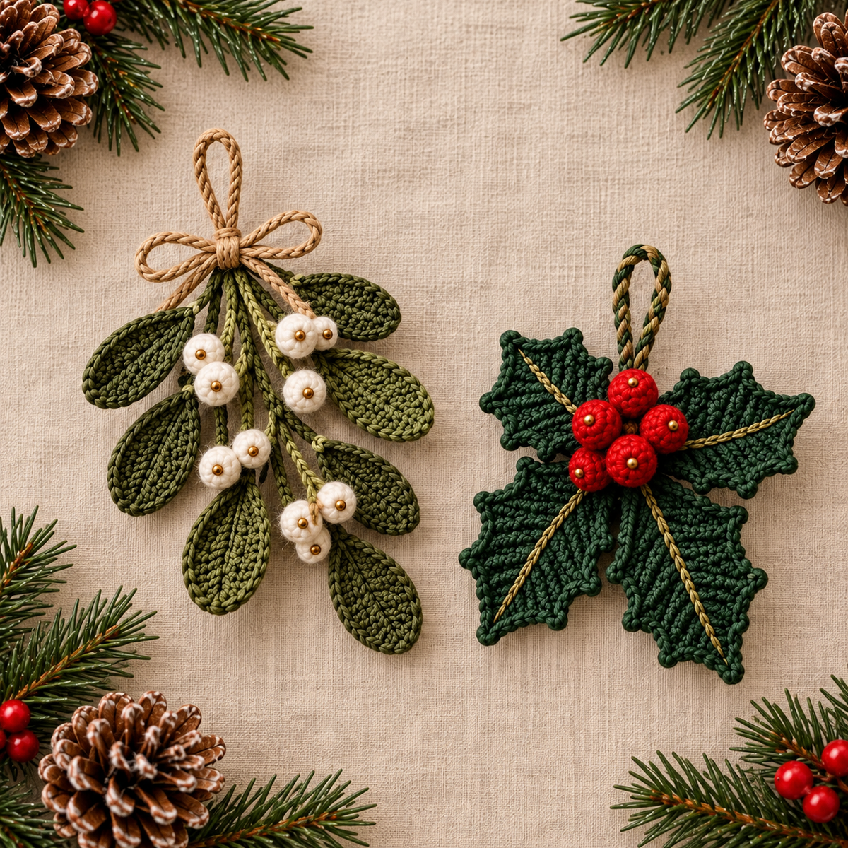 4-in-1 Rustic Christmas Ornament Crochet Pattern PDF | Pinecone, Spruce, Mistletoe & Holly