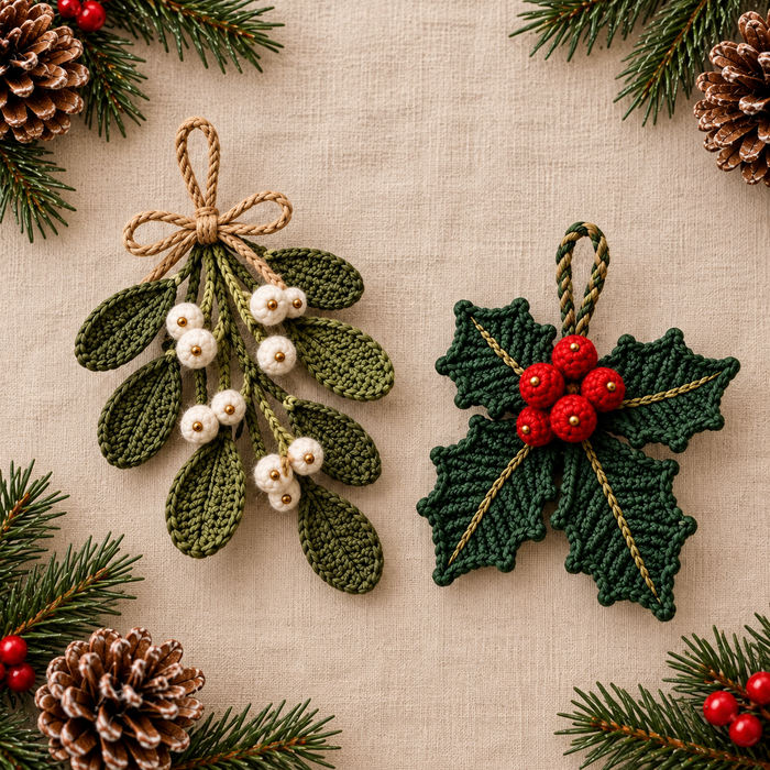 4-in-1 Rustic Christmas Ornament Crochet Pattern PDF | Pinecone, Spruce, Mistletoe & Holly