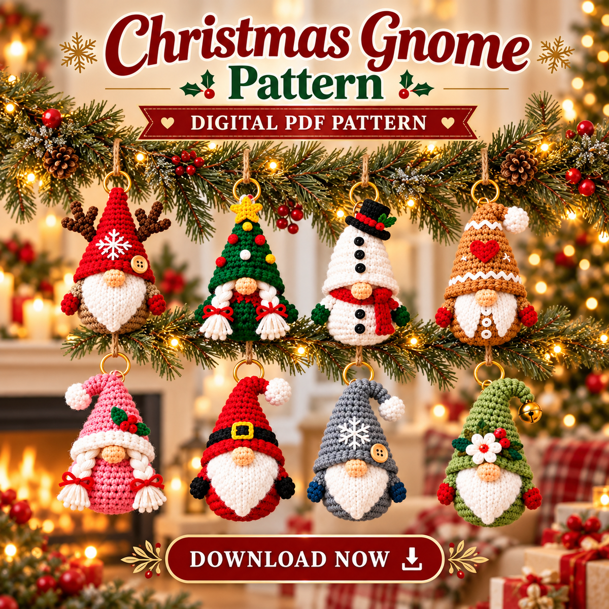 Christmas Gnome Keychain Crochet Pattern Bundle PDF | 8 Mini Ornaments