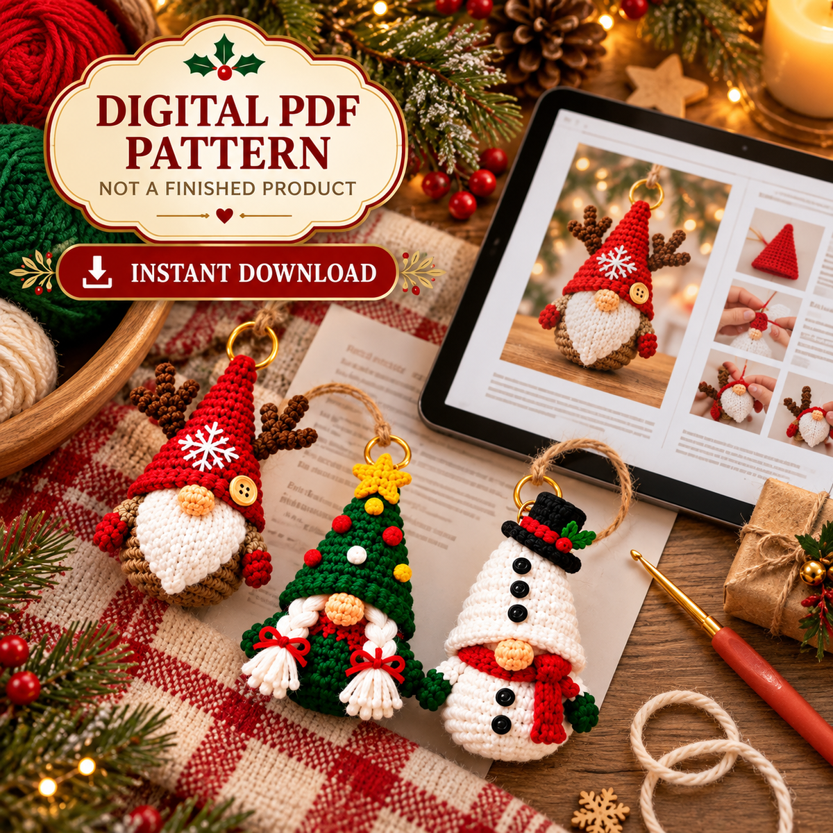 Christmas Gnome Keychain Crochet Pattern Bundle PDF | 8 Mini Ornaments