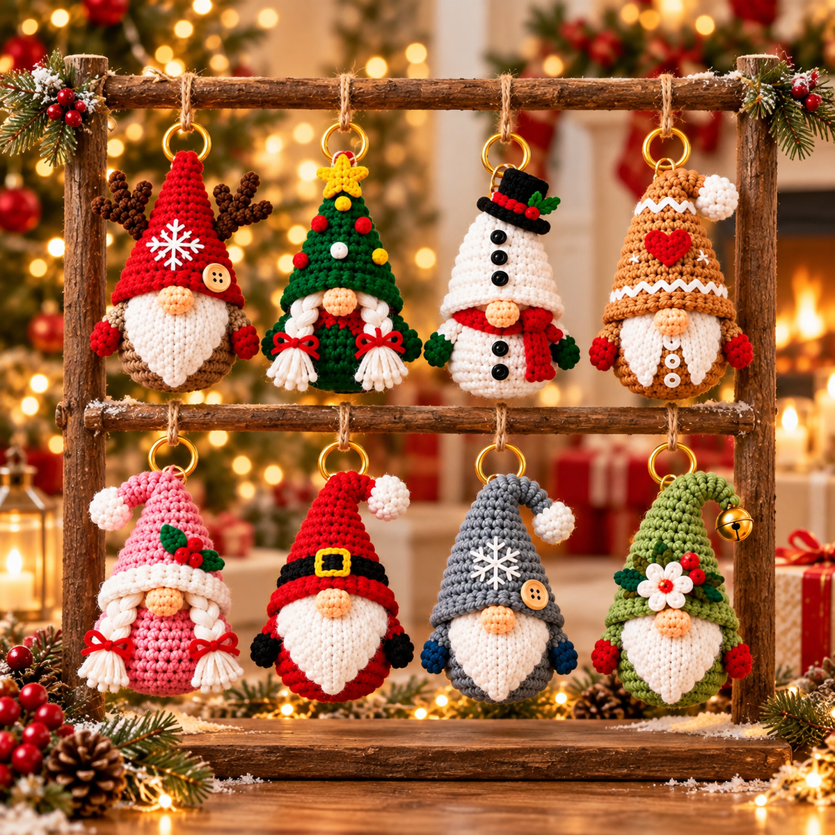 Christmas Gnome Keychain Crochet Pattern Bundle PDF | 8 Mini Ornaments
