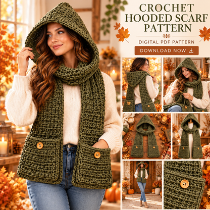 Crochet Hooded Scarf with Pockets Pattern PDF | Chunky Winter Hood