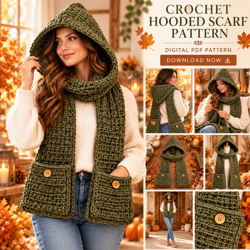 Crochet Hooded Scarf with Pockets Pattern PDF | Chunky Winter Hood