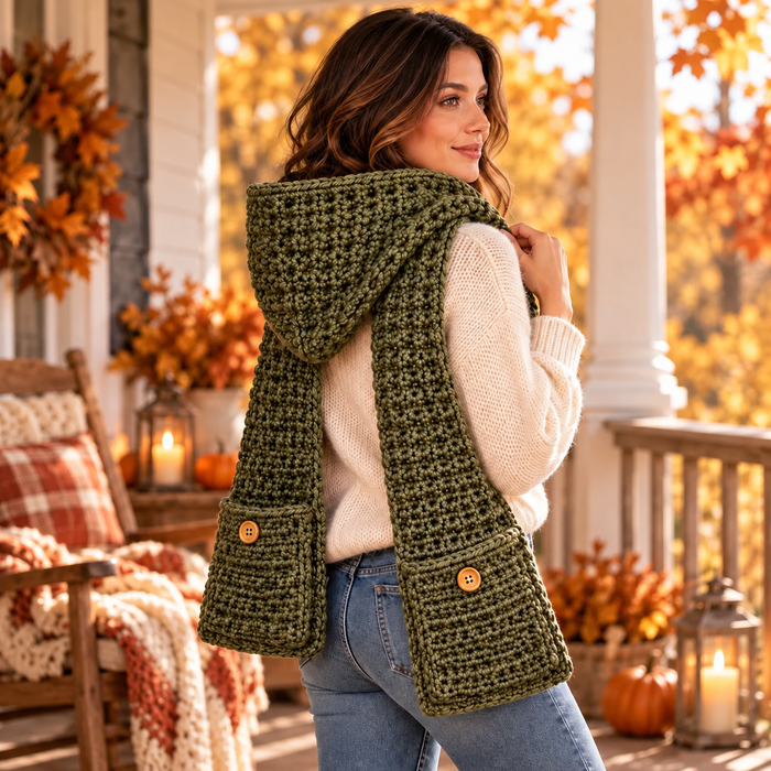 Crochet Hooded Scarf with Pockets Pattern PDF | Chunky Winter Hood