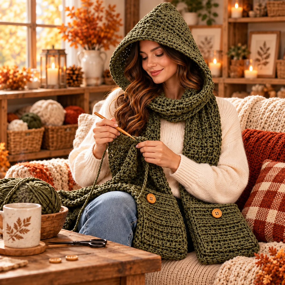 Crochet Hooded Scarf with Pockets Pattern PDF | Chunky Winter Hood