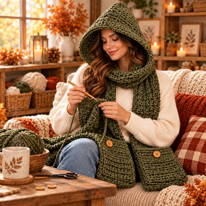 Crochet Hooded Scarf with Pockets Pattern PDF | Chunky Winter Hood