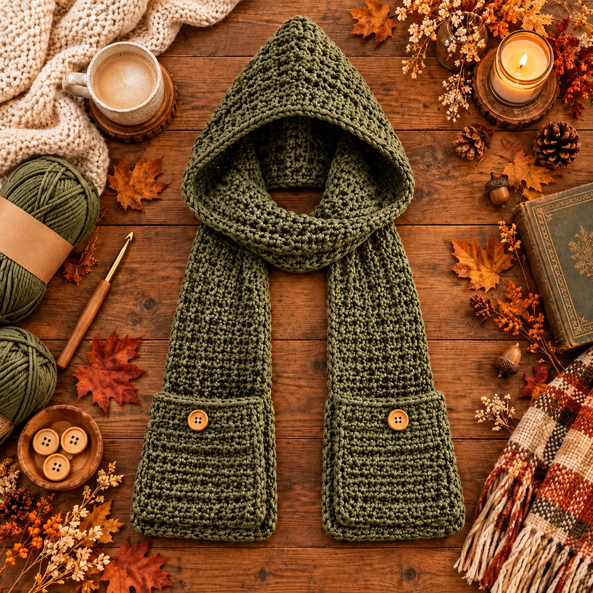 Crochet Hooded Scarf with Pockets Pattern PDF | Chunky Winter Hood