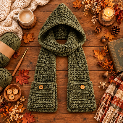 Crochet Hooded Scarf with Pockets Pattern PDF | Chunky Winter Hood