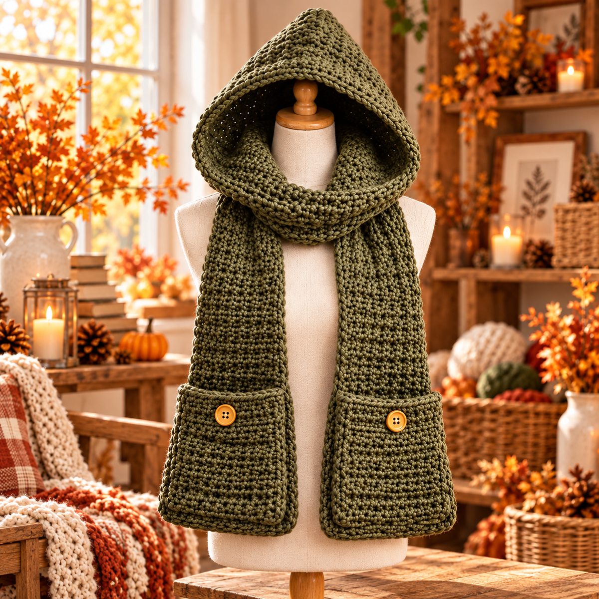 Crochet Hooded Scarf with Pockets Pattern PDF | Chunky Winter Hood