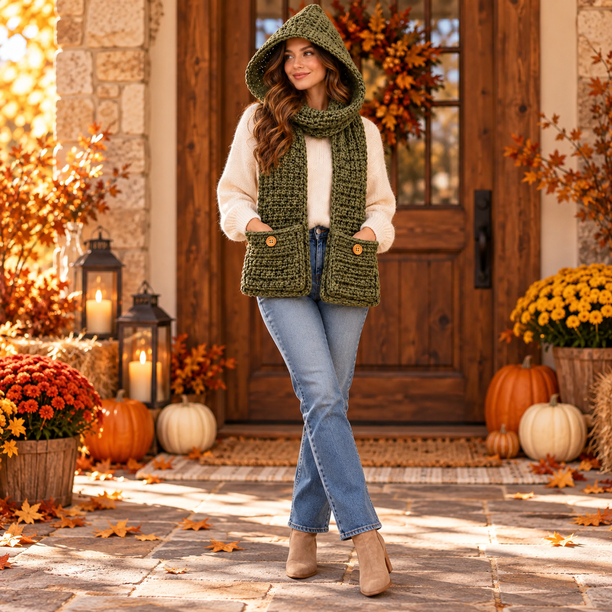 Crochet Hooded Scarf with Pockets Pattern PDF | Chunky Winter Hood