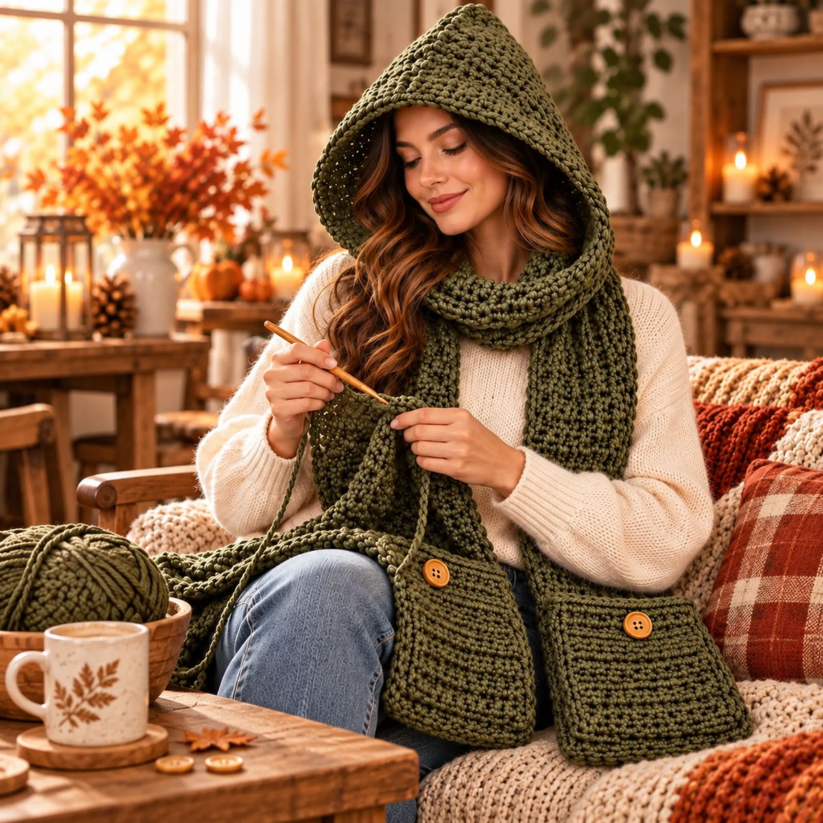 Crochet Hooded Scarf with Pockets Pattern PDF | Chunky Winter Hood
