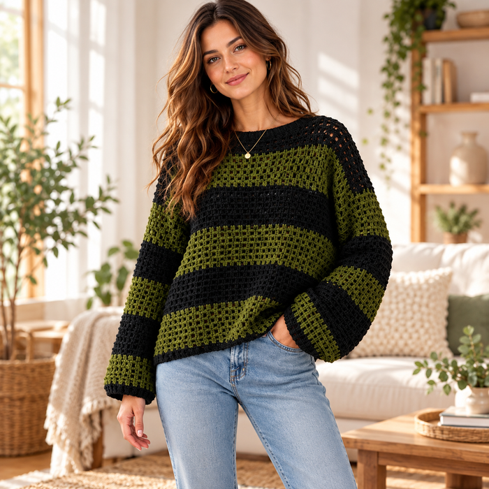 Oversized Mesh Crochet Sweater Pattern PDF | Striped Pullover