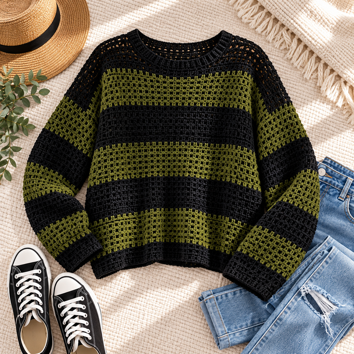 Oversized Mesh Crochet Sweater Pattern PDF | Striped Pullover