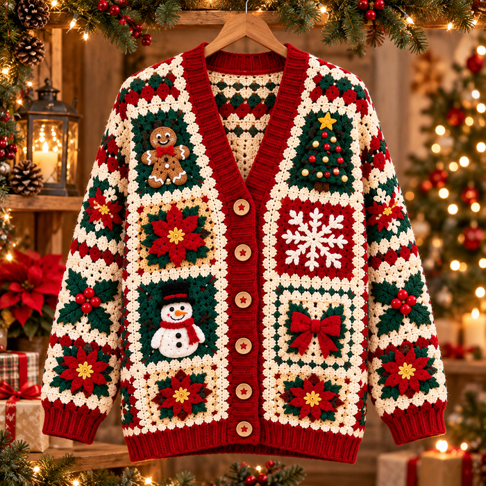 Christmas Granny Square Cardigan Crochet Pattern PDF | Holiday Patchwork Sweater
