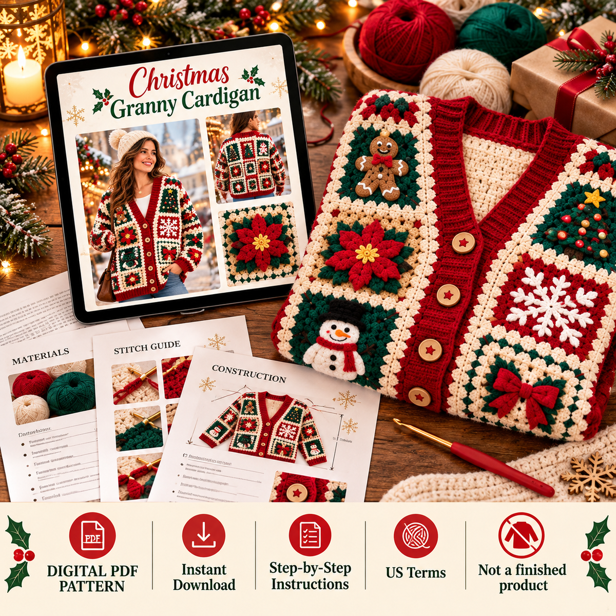 Christmas Granny Square Cardigan Crochet Pattern PDF | Holiday Patchwork Sweater