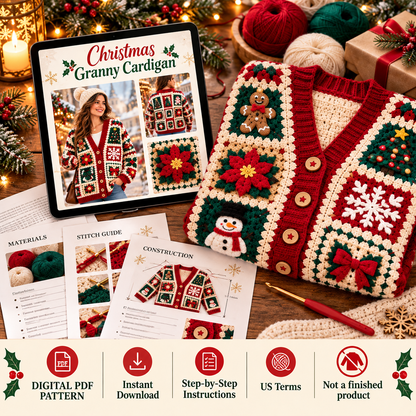 Christmas Granny Square Cardigan Crochet Pattern PDF | Holiday Patchwork Sweater