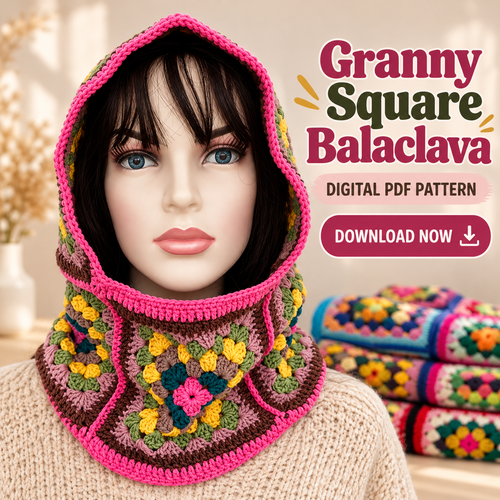Granny Square Balaclava Crochet Pattern PDF | Colorful Hood for Adults