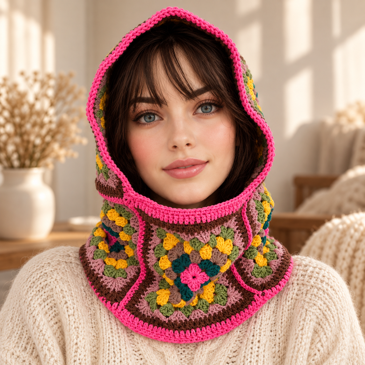 Granny Square Balaclava Crochet Pattern PDF | Colorful Hood for Adults