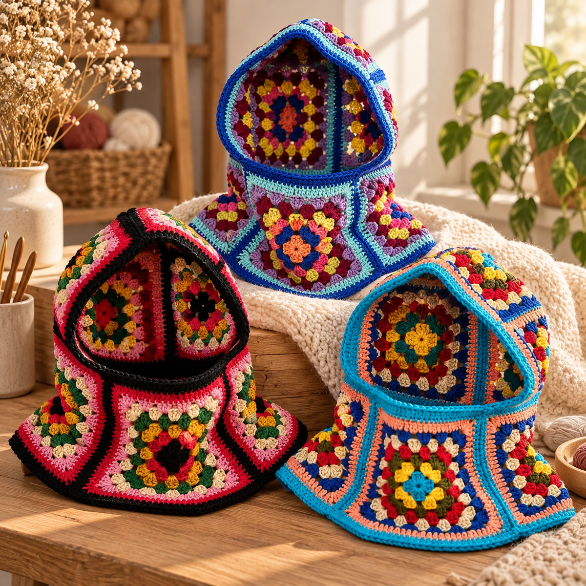 Granny Square Balaclava Crochet Pattern PDF | Colorful Hood for Adults