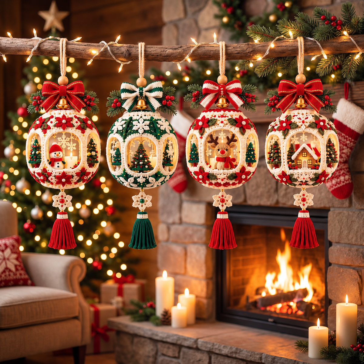 Christmas Window Bauble Crochet Pattern PDF | 4 Mini Lantern Ornaments