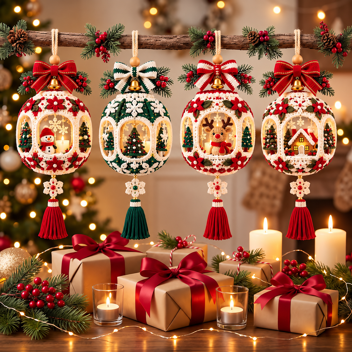 Christmas Window Bauble Crochet Pattern PDF | 4 Mini Lantern Ornaments