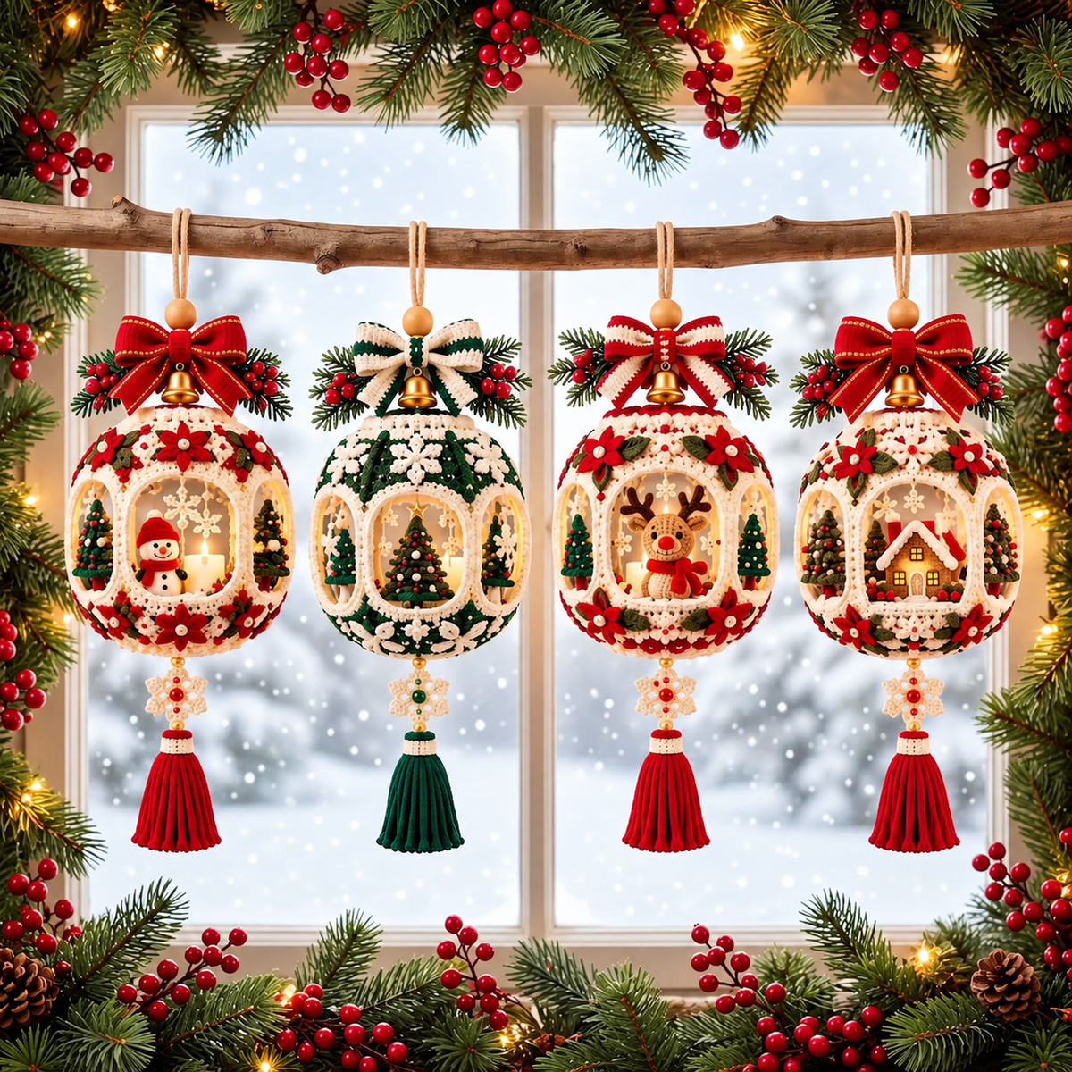 Christmas Window Bauble Crochet Pattern PDF | 4 Mini Lantern Ornaments