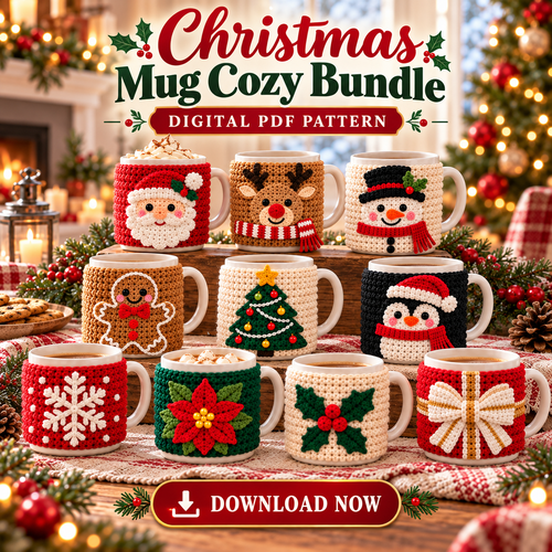 Christmas Mug Cozy Crochet Pattern Bundle PDF | 10 Holiday Designs