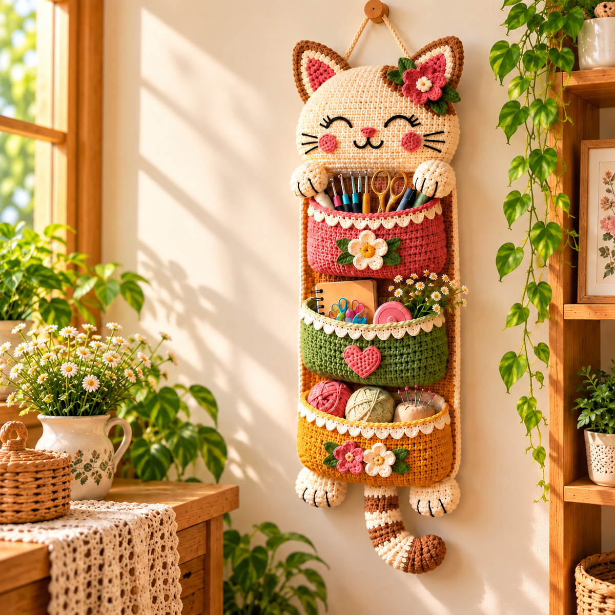 Crochet Cat Wall Organizer Pattern PDF | 3-Pocket Hanging Storage Basket