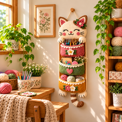Crochet Cat Wall Organizer Pattern PDF | 3-Pocket Hanging Storage Basket