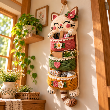 Crochet Cat Wall Organizer Pattern PDF | 3-Pocket Hanging Storage Basket