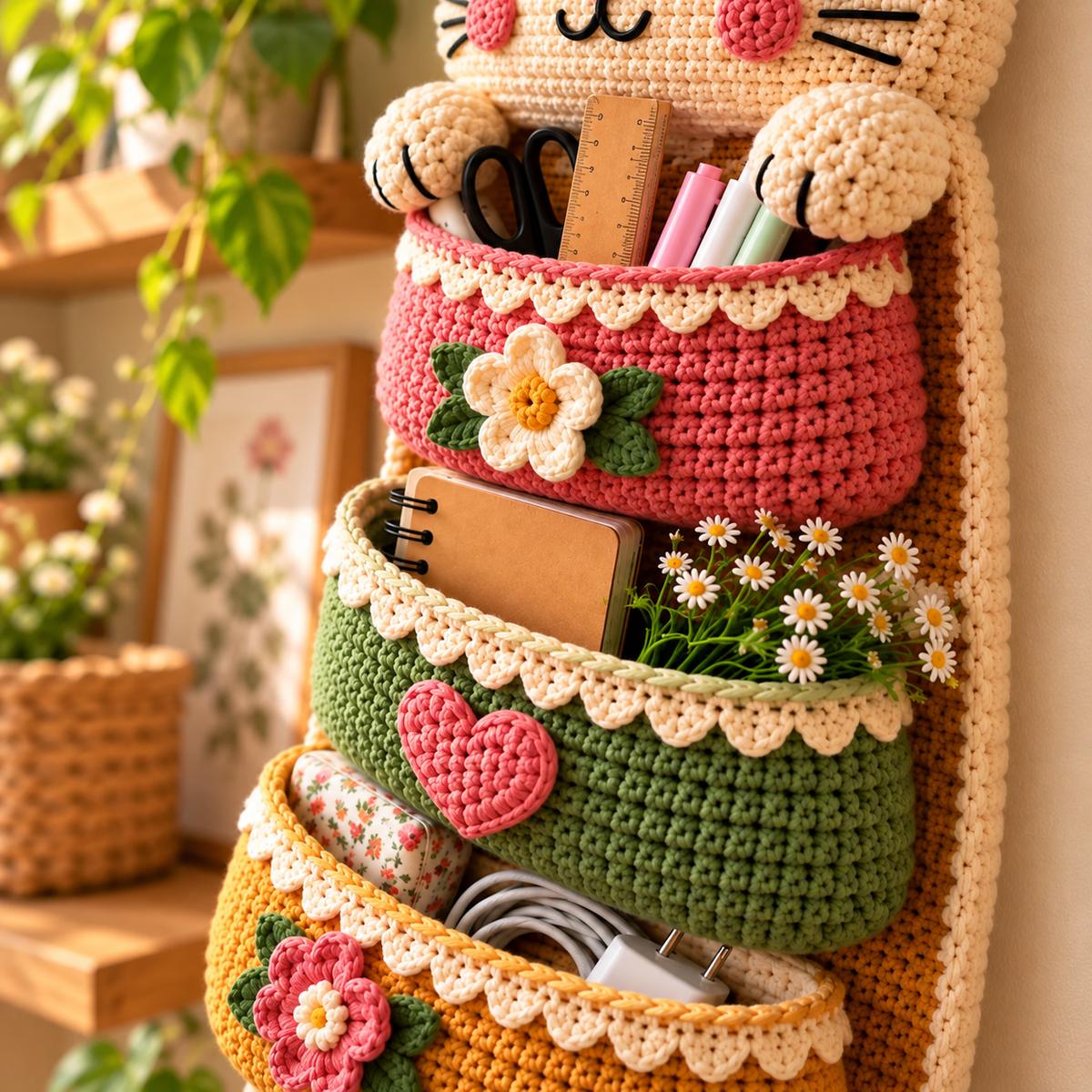 Crochet Cat Wall Organizer Pattern PDF | 3-Pocket Hanging Storage Basket