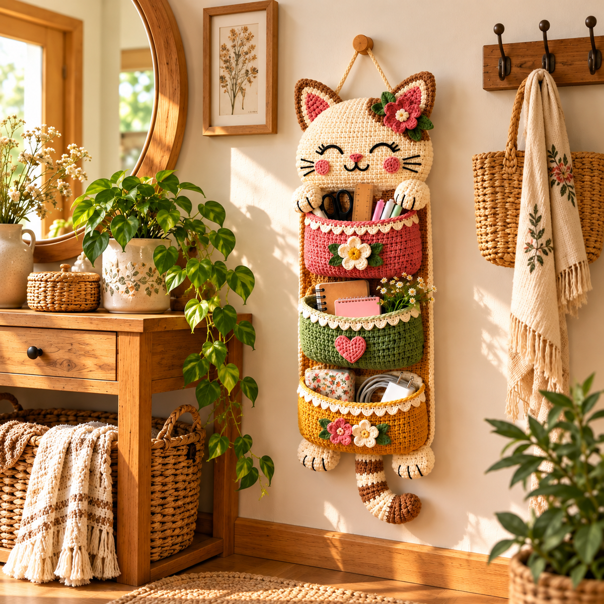 Crochet Cat Wall Organizer Pattern PDF | 3-Pocket Hanging Storage Basket