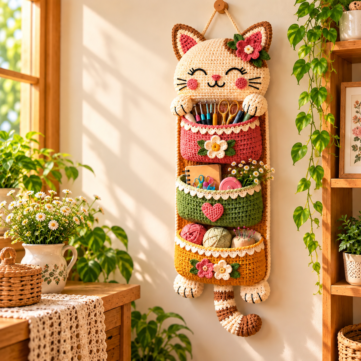Crochet Cat Wall Organizer Pattern PDF | 3-Pocket Hanging Storage Basket