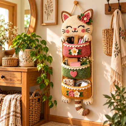 Crochet Cat Wall Organizer Pattern PDF | 3-Pocket Hanging Storage Basket