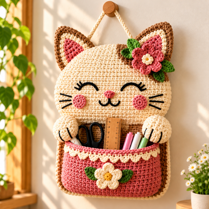 Crochet Cat Wall Organizer Pattern PDF | 3-Pocket Hanging Storage Basket