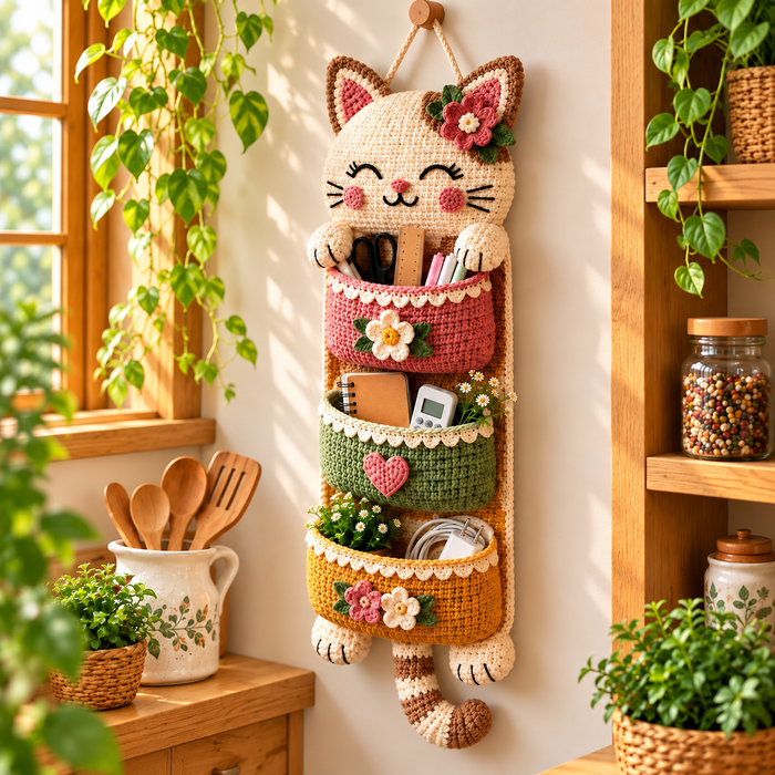 Crochet Cat Wall Organizer Pattern PDF | 3-Pocket Hanging Storage Basket