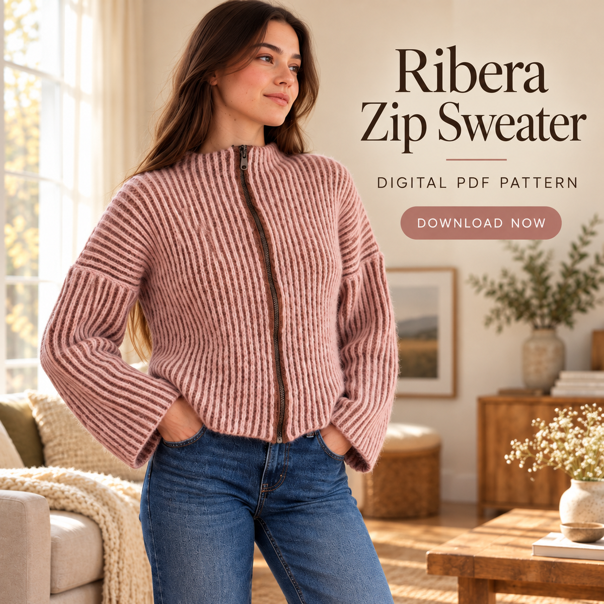 Ribbed Zip-Up Sweater Crochet Pattern PDF | Made-to-Measure Mock Neck