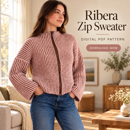 Ribbed Zip-Up Sweater Crochet Pattern PDF | Made-to-Measure Mock Neck